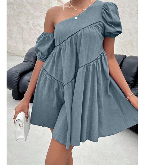 Boho Dusty Blue One shoulder Puff Sleeve Flared Hem Mini Dress - Picture 3 of 5
